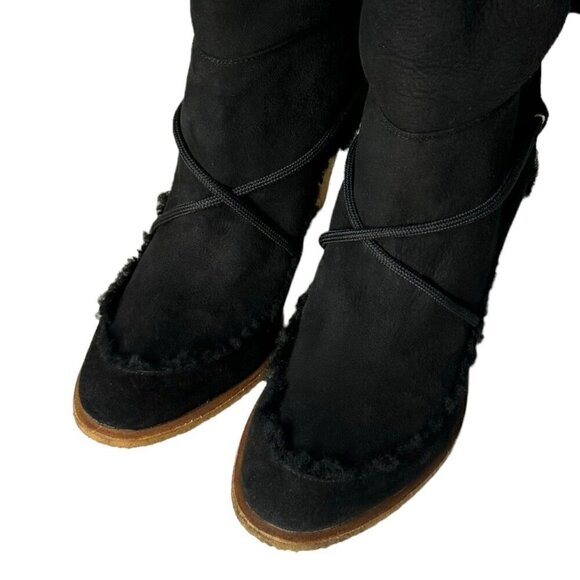 DIOR Boots Sz.9.5 Black Suede Shearling High Heel Pom Pom Drawstrings Fur Trim - Picture 12 of 16